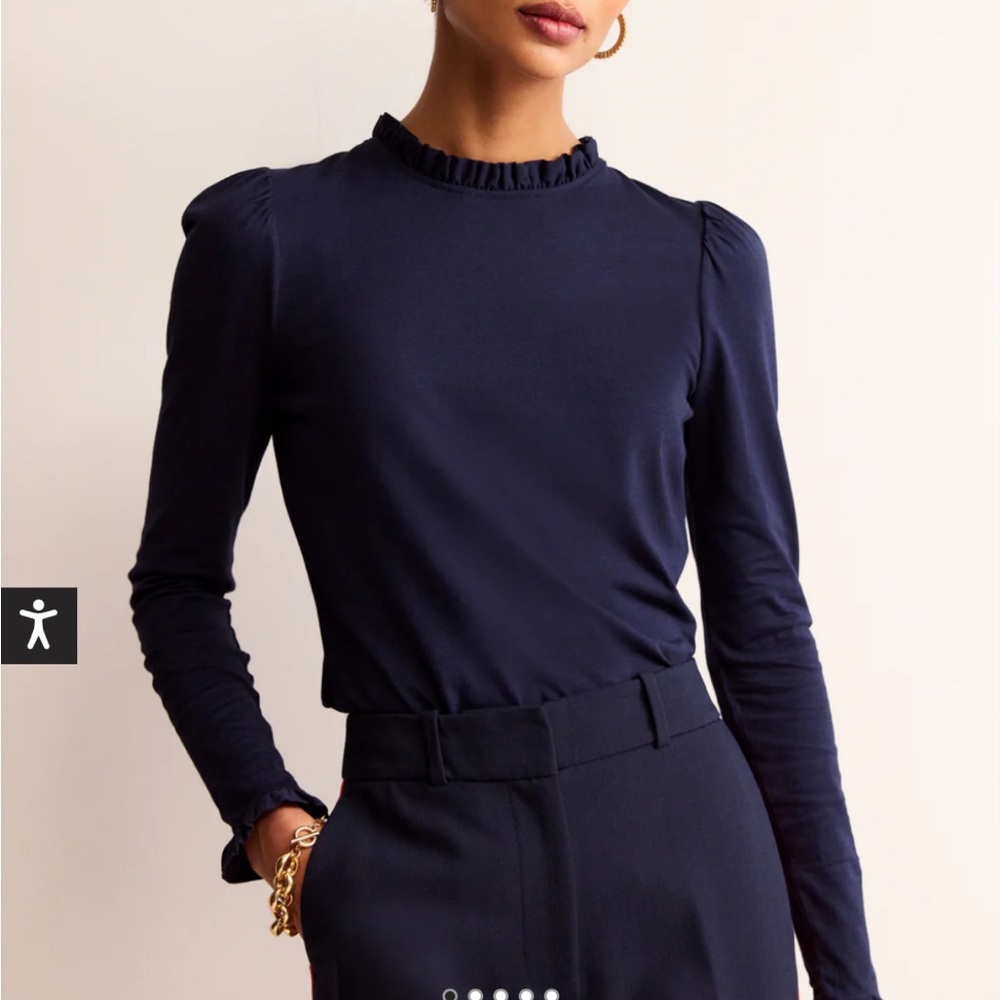 NWOT Boden Navy Ruffle Neck Long-Sleeve Top US 6